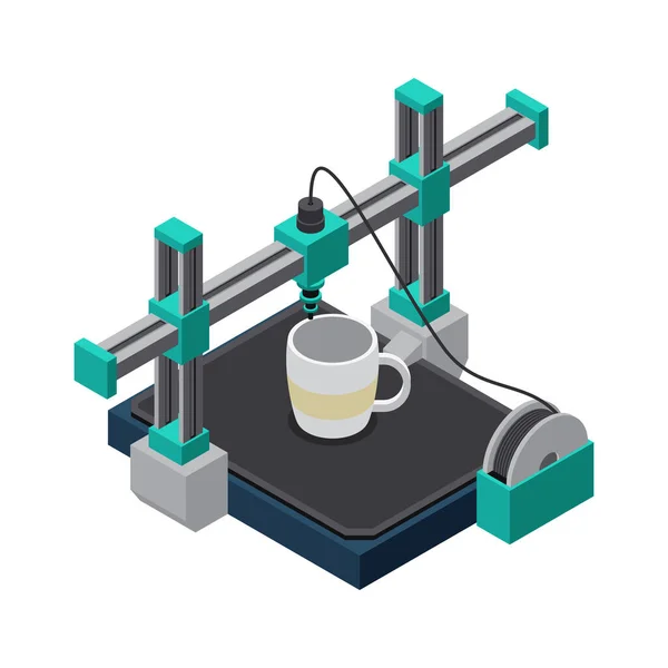 3D打印机行业等距图标 带有杯矢量图解打印过程 — 图库矢量图片