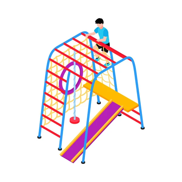 儿童等距运动设备图标与儿童在彩色攀爬框架3D矢量插图 — 图库矢量图片