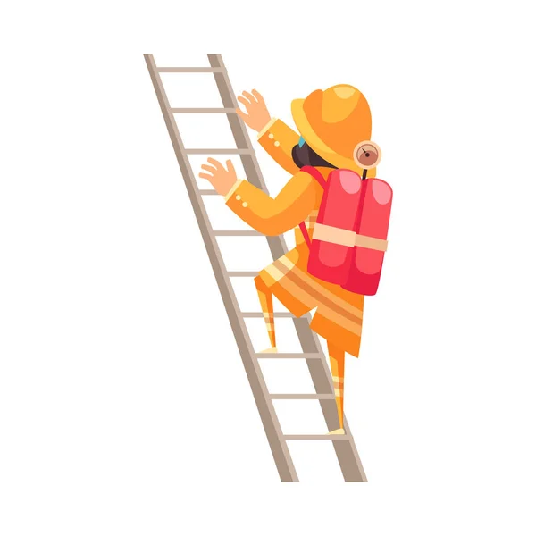 Hombre Bombero Escalada Escalera Plana Vector Ilustración — Vector de stock