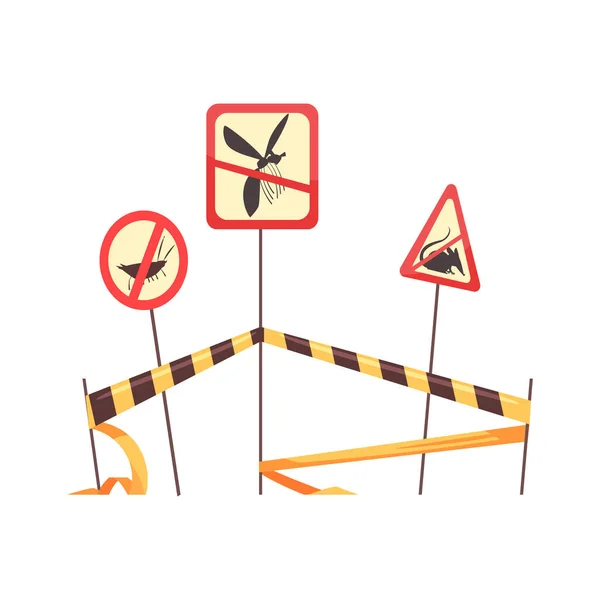 Tres Señales Control Plagas Precaución Con Ilustración Vectores Dibujos Animados — Vector de stock