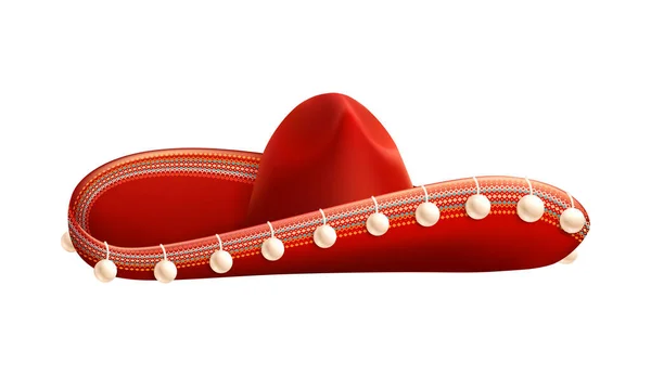 Tradiční Červená Mexická Sombrero Klobouk Bílém Pozadí Realistické Vektorové Ilustrace — Stockový vektor