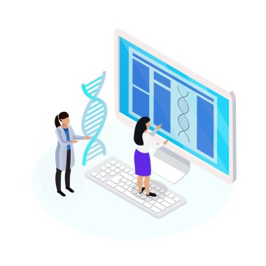 DNA 'lı Isometric nanoteknoloji ikonu ve 3 boyutlu bilgisayar vektör çizimi üzerinde çalışan minik bilim adamları