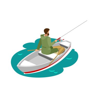 Tekne 3D izometrik vektör illüstrasyonunda balık tutarken balıkçı.