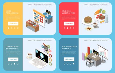 Ev ve ofis için gıda ve işyeri unsurları içeren izometrik yatay pankartlar izole edilmiş 3d vektör illüstrasyonu
