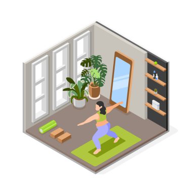 Kilolu kadın evde yoga yapıyor. İzometrik kompozisyon 3 boyutlu vektör illüstrasyonu.