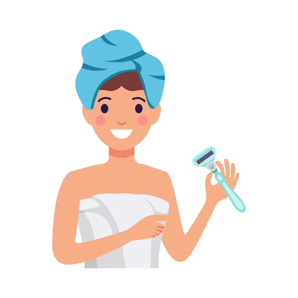 幸せな女性が剃刀ベクトルイラストを保持していると毛除去フラットコンセプト — ストックベクタ