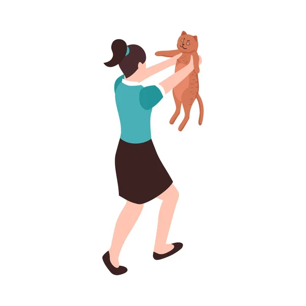 Animal Mascota Cuidado Ícono Isométrico Con Mujer Jugando Con Gato — Vector de stock