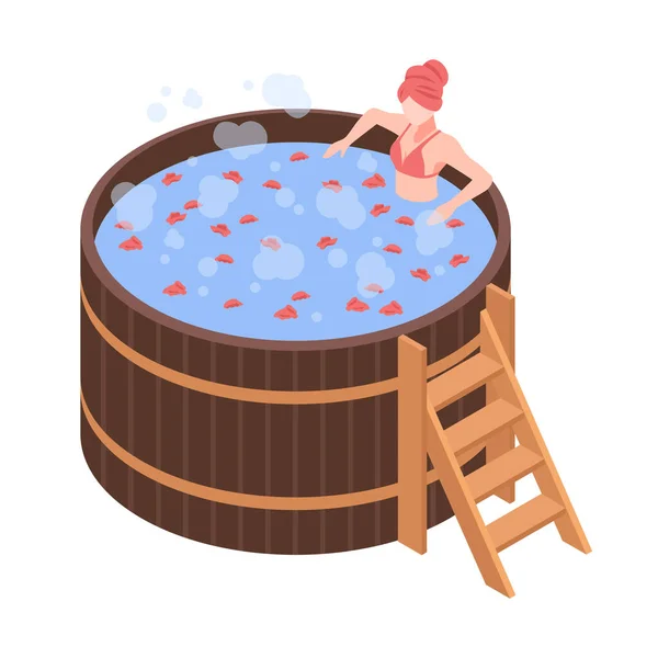 Izometryczna Kobieta Relaksująca Się Gorącej Japońskiej Kąpieli Wektor Ilustracji — Wektor stockowy