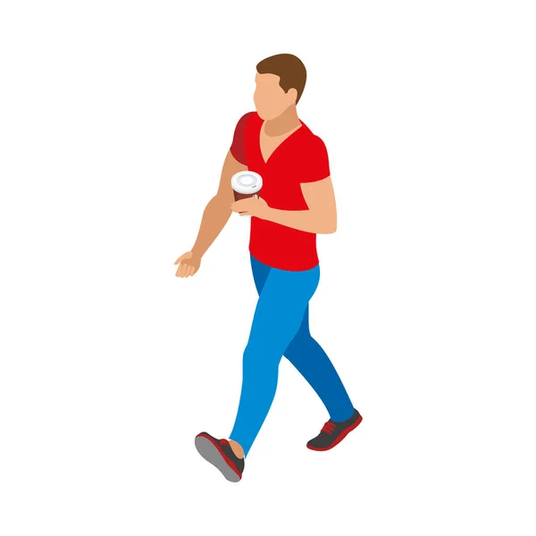 Icono Isométrico Comida Callejera Con Hombre Caminando Con Taza Plástico — Vector de stock