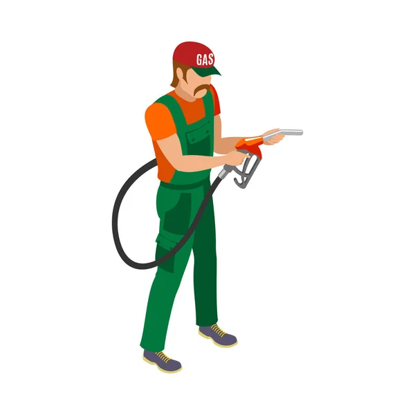 Izometryczny Mężczyzna Stacji Benzynowej Pracownik Pistoletu Benzynowego Wektor Ilustracji — Wektor stockowy
