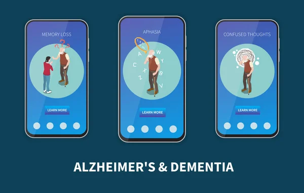 Demence Alzheimerova Izometrická Koncepce Nastavena Kontrolou Onemocnění Mobilní Aplikace Šablony — Stockový vektor