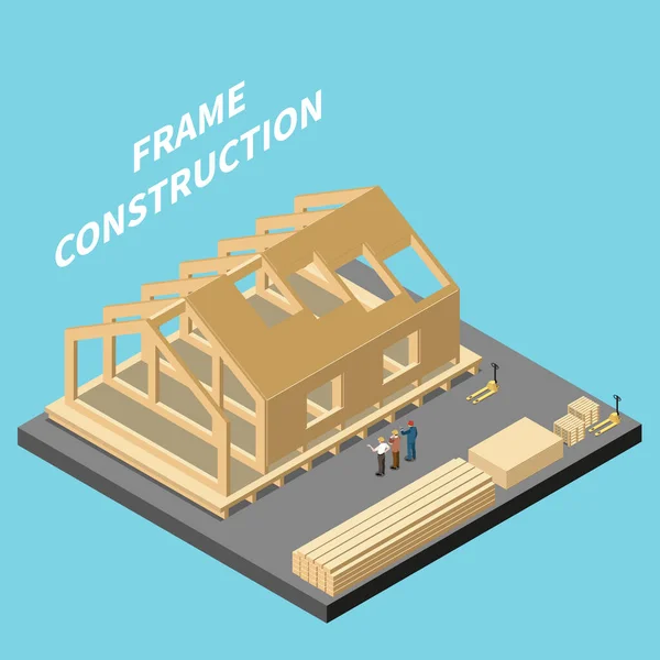 Modułowa Koncepcja Izometryczna Budynku Ilustracją Wektora Placu Budowy Ramy Drewnianej — Wektor stockowy