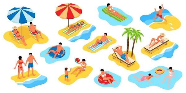 Conjunto Isométrico Pessoas Relaxando Praia Tropical Brincando Com Criança Nadando — Vetor de Stock