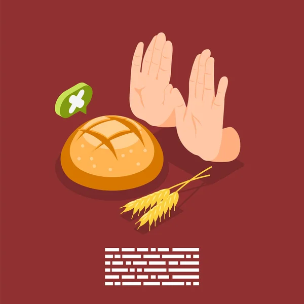 グルテン不寛容禁止記号手ジェスチャー小麦の芽とパンの等価な組成物固体背景ベクトル図 — ストックベクタ