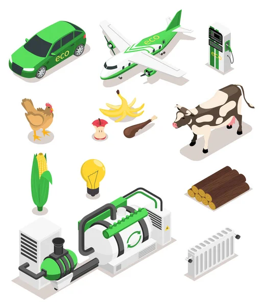 Biofuel Biogas Production Isometric Icon Set Isolated Vehicle Images Animals — Vettoriale Stock