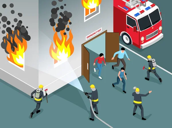 Brandmeldeanlage Mit Menschen Die Aus Brennendem Haus Evakuiert Werden Isometrische — Stockvektor
