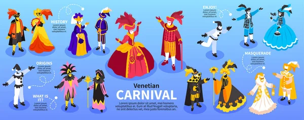 Isometriska Venetianska Kostymer Karneval Infographics Med Isolerade Mänskliga Karaktärer Historiska — Stock vektor