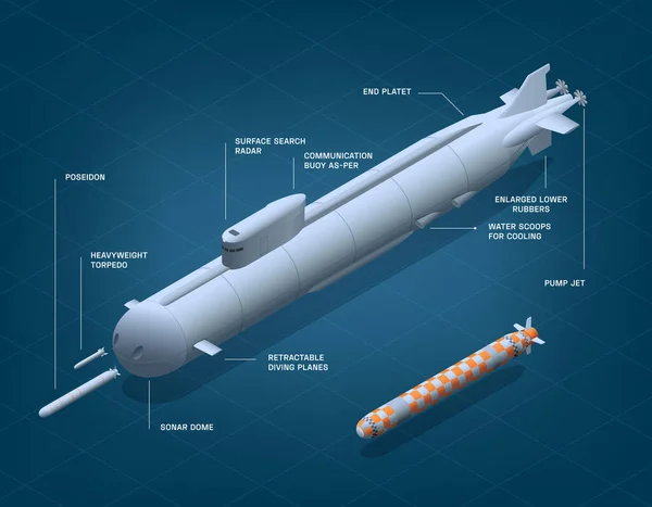 編集可能なテキストキャプション付きロケットと海底クラフトの孤立した画像を持つ潜水艦のアイソメトリックコンポジションベクトルイラスト — ストックベクタ