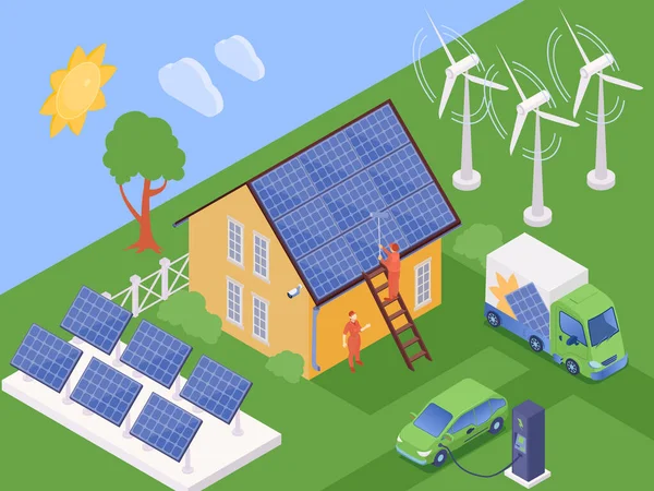 带有太阳能电池和电动汽车矢量图解的现代城郊住宅的孤立绿色能源构成 — 图库矢量图片