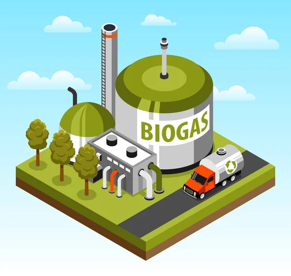 Biogas Fabbrica Isometrico Verde Oggetto Pulito Cielo Blu Sfondo Vettoriale — Vettoriale Stock
