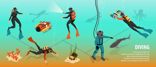 海底探査や宝探しのベクトルイラストのために浸漬スキューバダイバーとダイビング等の等角図の背景 — ストックベクタ