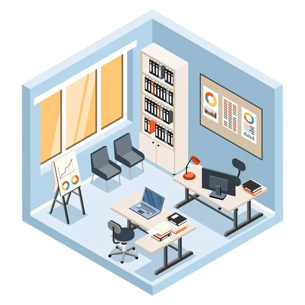 Büroraum Mit Zwei Arbeitsplätzen Isometrisches Farbiges Objekt Auf Weißem Hintergrund — Stockvektor