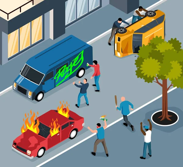 Rua Vândalos Fundo Isométrico Com Hooligans Pintura Virar Incendiar Carros — Vetor de Stock