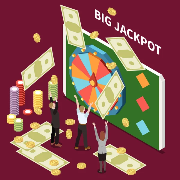 Lotre Online Kasino Perjudian Komposisi Isometrik Dengan Karakter Pemenang Jackpot - Stok Vektor