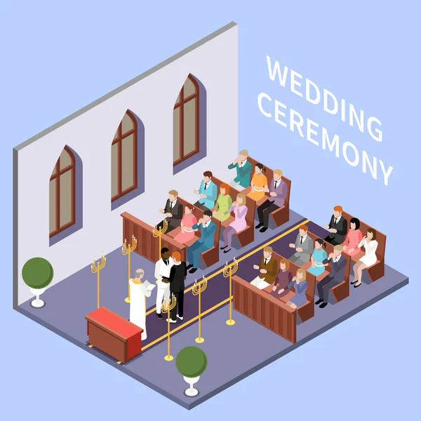 男同性恋夫妇婚礼仪式婚姻等距组成 以教堂为视角 牧师和宾客矢量图解 — 图库矢量图片