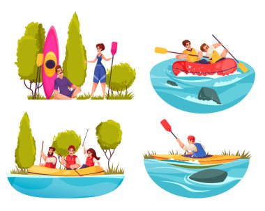 Nehir rafting kompozisyonları, aşırı su aktiviteleri sırasında izole edilmiş vektör illüstrasyonu sırasında insanlarla kurulur.