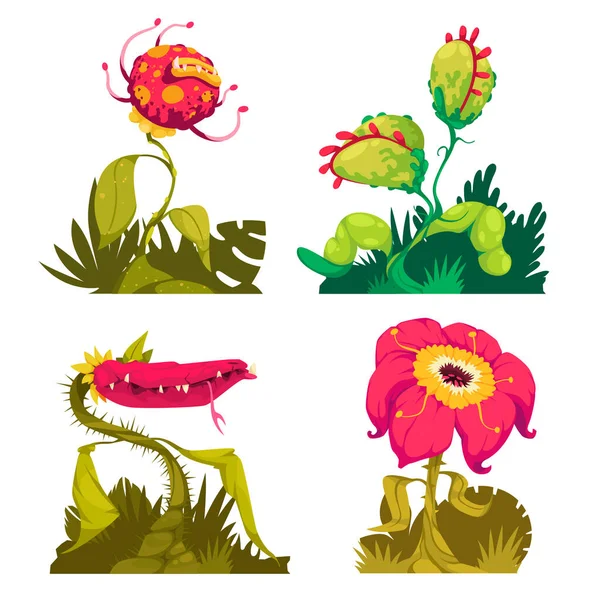 Fleischfressende Monsterpflanze Cartoon Ikonen Mit Gefährlichen Blumen Und Blütenblättern Isolierte — Stockvektor