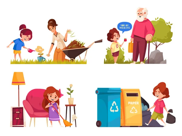 Gut Erzogene Kinder Icons Set Mit Kindern Helfen Eltern Garten — Stockvektor
