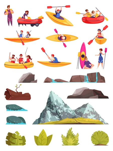 Ícones Desenhos Animados Rafting Conjunto Com Rio Montanha Atividades Esportivas — Vetor de Stock