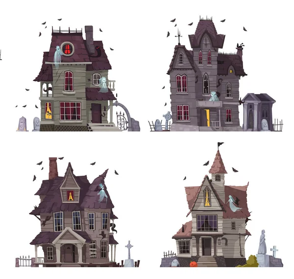 Iconos Dibujos Animados Casa Miedo Conjunto Con Espeluznantes Edificios Madera — Archivo Imágenes Vectoriales