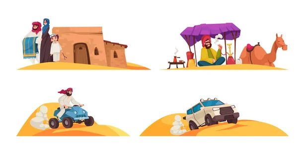 Composições Desenhos Animados Deserto Árabe Conjunto Com Pessoas Roupas Tradicionais — Vetor de Stock