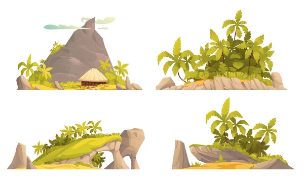 Tropical Island Cartoon Composition Set Jungle Trees Stone Rocks Isolated — Stock Vector