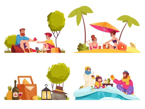 Picnic Cartoon Compositions Set People Eating Food Beach Snow Field — Stock Vector