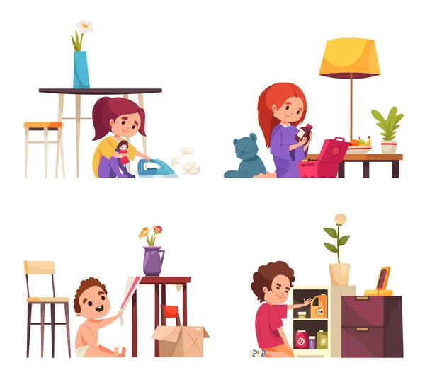Kid Danger Cartoon Icons Set Mit Kindern Gefährlichen Situationen Zuhause — Stockvektor