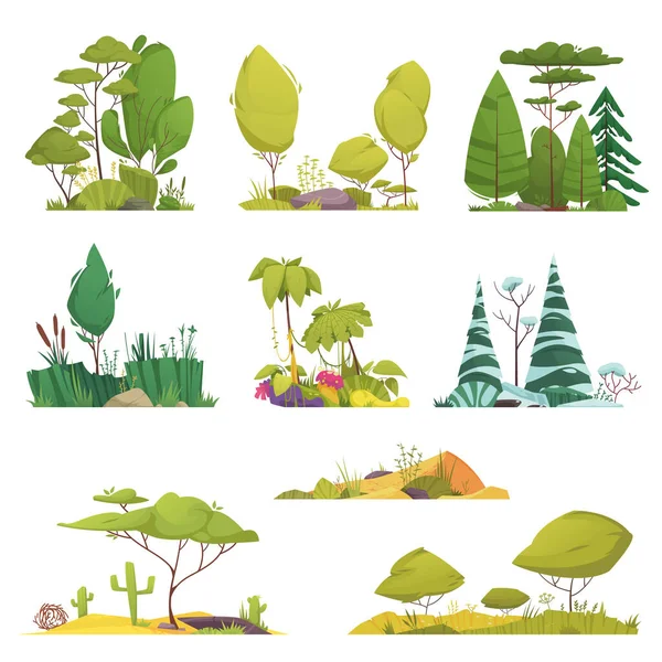 生態系の種類異なる木や植物系で設定された漫画のアイコンベクトル図 — ストックベクタ