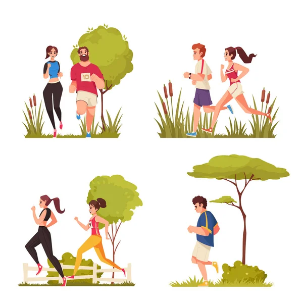 City Runners Kreslené Ikony Set Mladými Lidmi Běží Venku Izolované — Stockový vektor