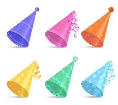 Birthday hats for kids festive party realistic set of colorful clown caps isolated vector illustration clipart