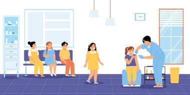 Okul çocuklarına enjeksiyon vektör illüstrasyonu yapılırken aşı düz konsept