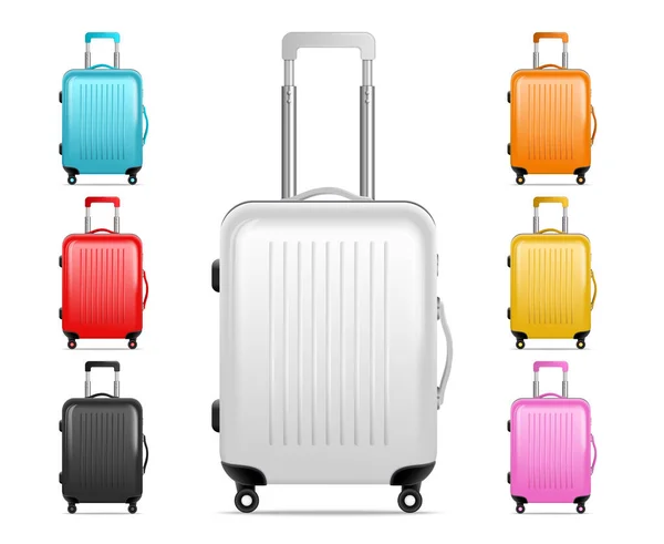 リアル絶縁旅行手荷物アイコンセット1大と6ミニプラスチックベクトルスーツケースイラスト — ストックベクタ