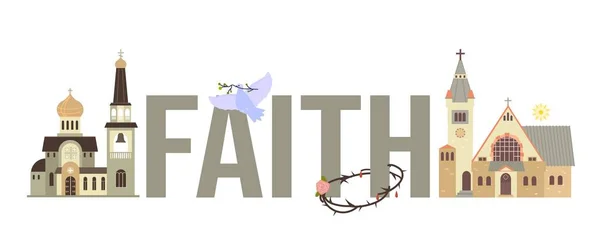 Church Interior Composition Flat Text Faith Flying Dove Front Views — Stock Vector