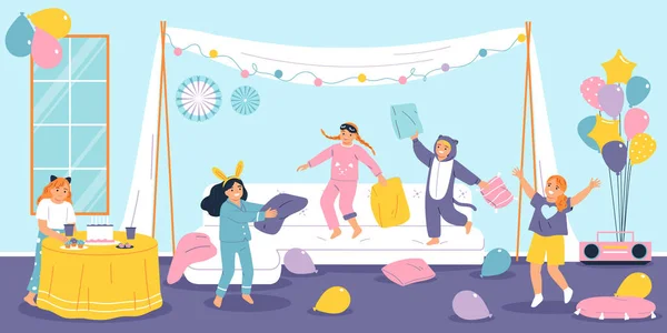 Детская Пагама Вечеринка Плоская Композиция Счастливыми Детьми Прыгающими Векторной Иллюстрации — стоковый вектор