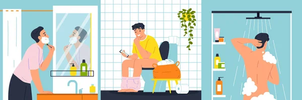 浴室の隔離されたベクトル図の人と毎日衛生ルーチンの概念セット — ストックベクタ