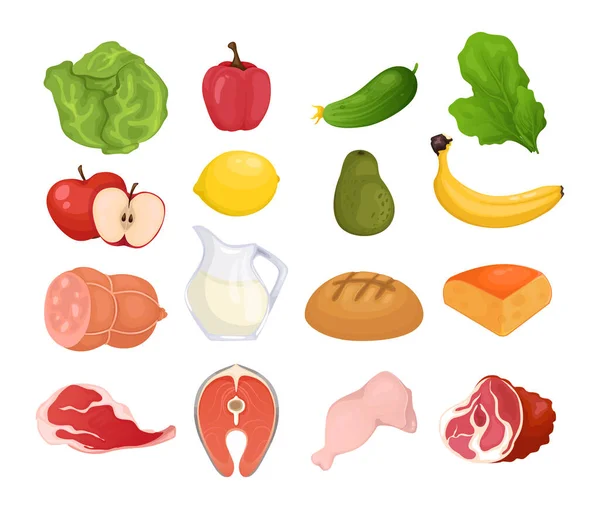 新鮮な食品の漫画の果物の野菜の肉や牛乳の有用な製品のセット絶縁ベクトルイラスト — ストックベクタ