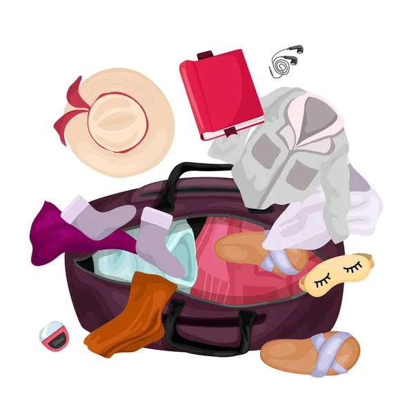 Reisegepäck Cartoon Farbiges Designkonzept Mit Geöffneter Reisetasche Voller Kleidungsstücke Und — Stockvektor