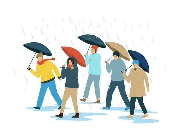 Плохая Погода Люди Плоская Концепция Тепло Одеты Люди Ходят Зонтами — стоковый вектор