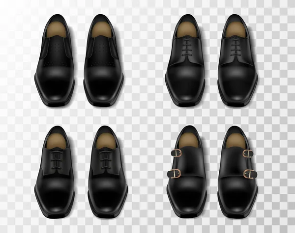 Vier Realistische Paar Schwarze Glänzende Lederschuhe Für Männer Isoliert Bei — Stockvektor